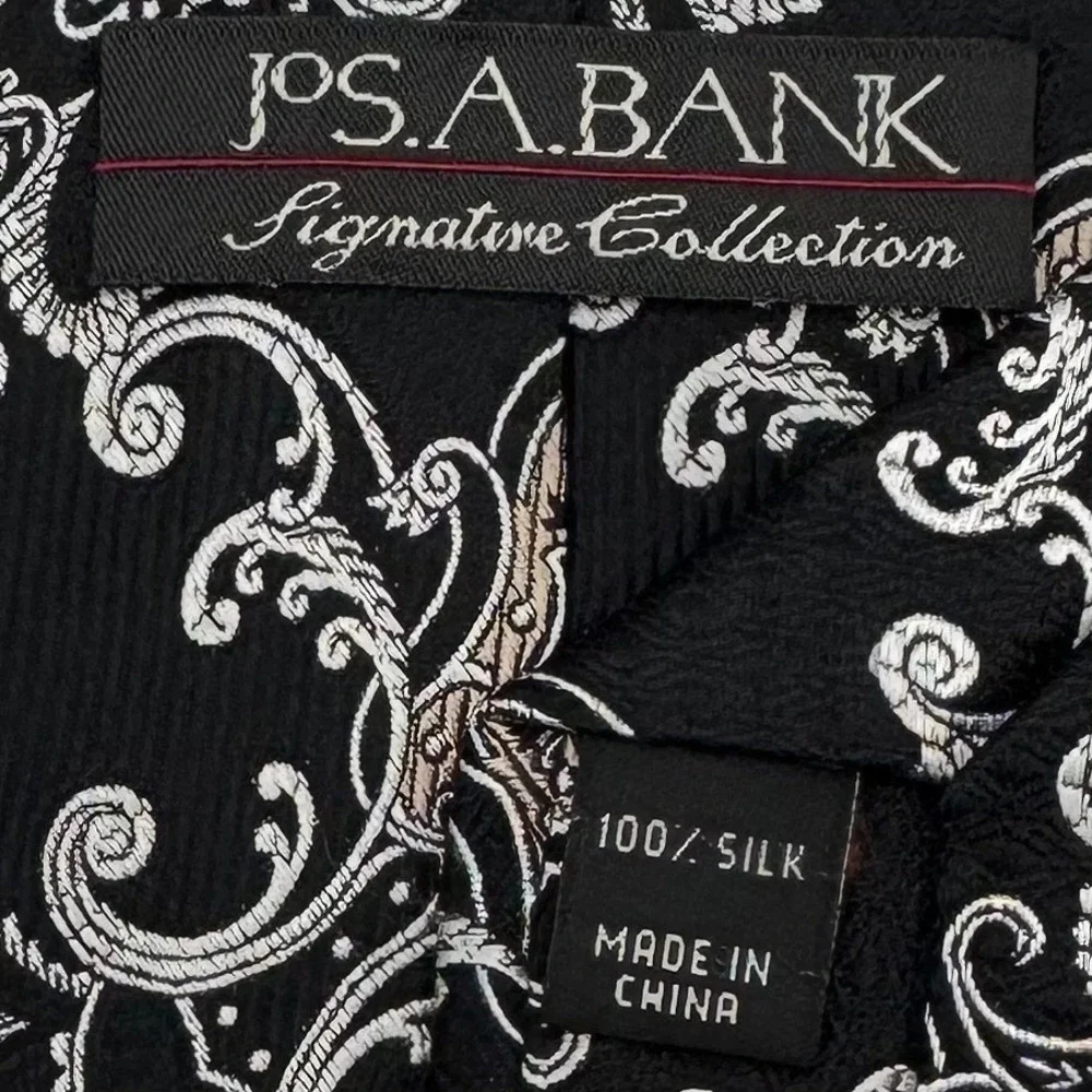 Jos. A. Bank Signature Collection‎ Silk Necktie Paisley Floral Mens Black Silver